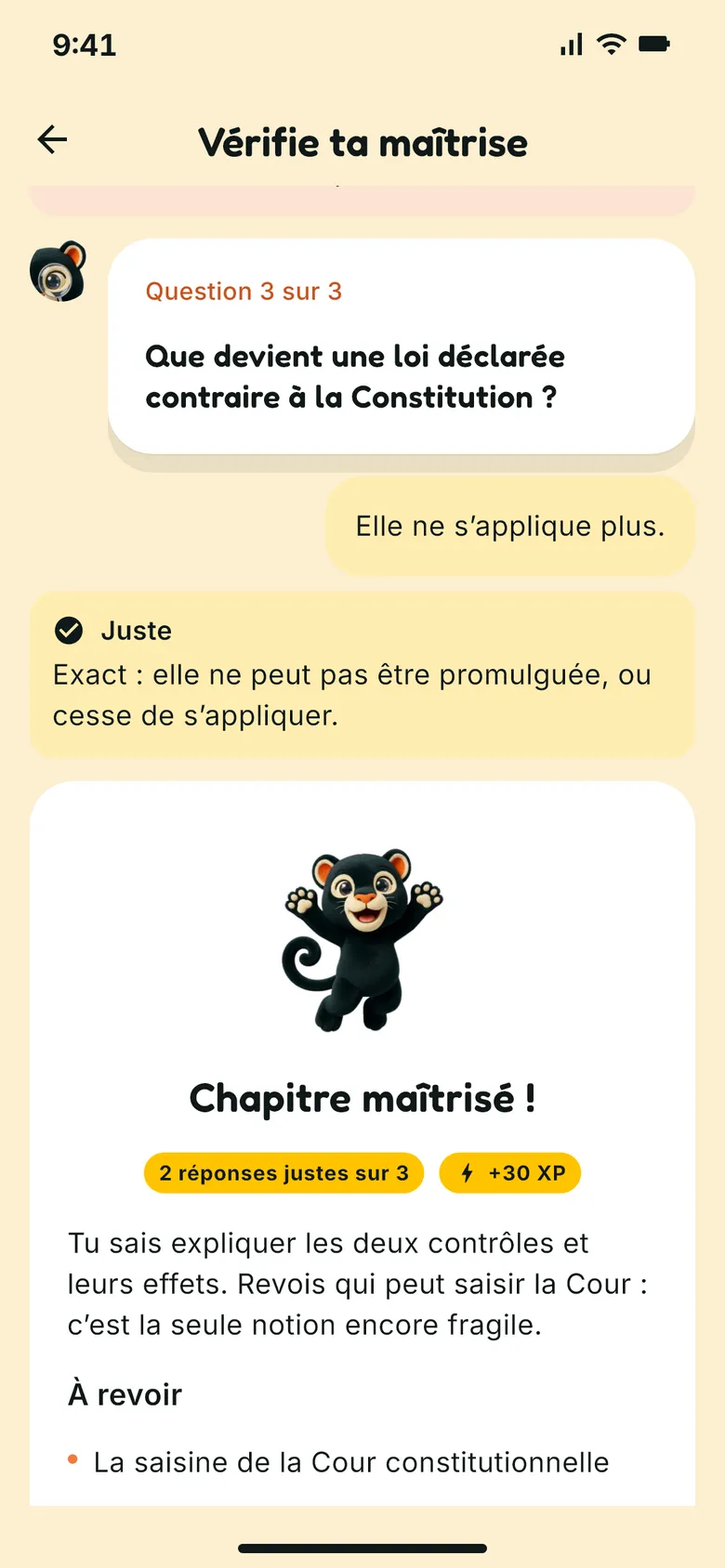 Le tuteur : une réponse jugée juste, puis « Chapitre maîtrisé ! » avec la notion encore à revoir