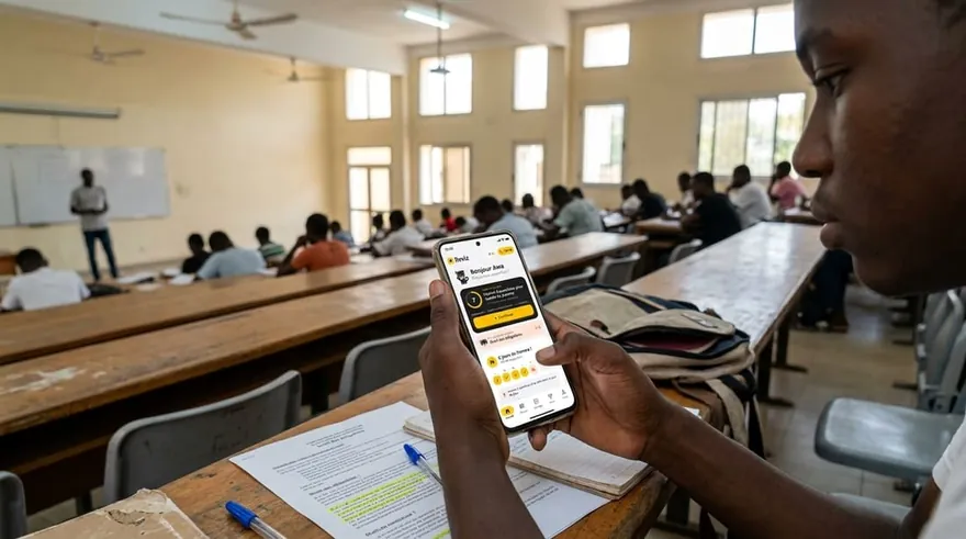 Une étudiante révise sur son téléphone, en classe